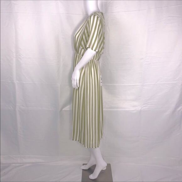 SMY MuMu Cream Olive Green Stripes V-Neck Short Sleeves Midi Dress SzM NWT - Picture 4 of 16